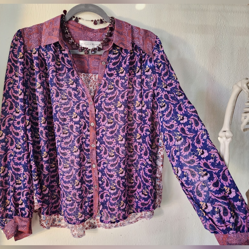 Chelsea & Theodore Purple Pink Graphic Long Sleeve Blouse - Picture 3 of 5